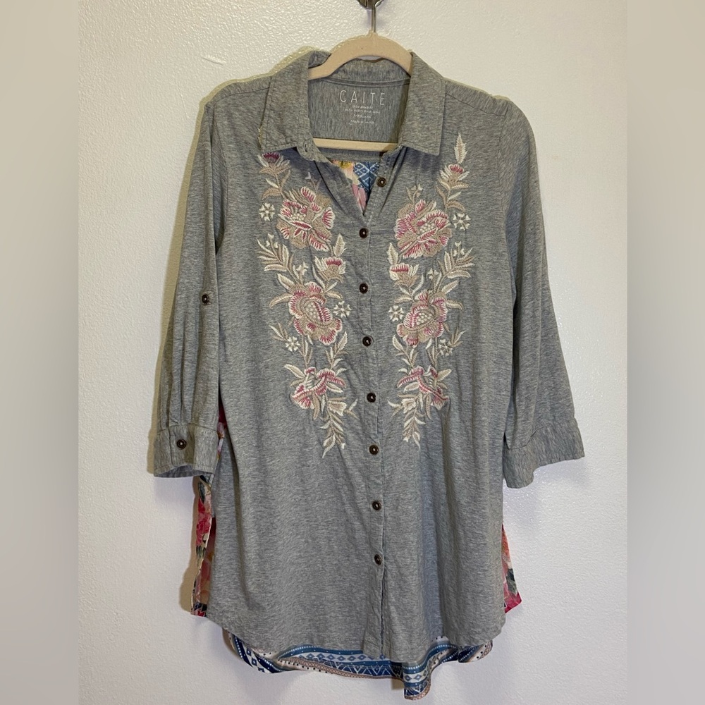 Caite Anthropologie - Embroidered Button Front Shirt - 3/4 sleeve